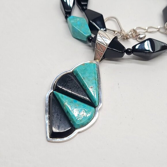 Jay King DRT Sterling Silver Blue Turquoise Onyx Inlay Pendant Beaded Necklace - Picture 2 of 10